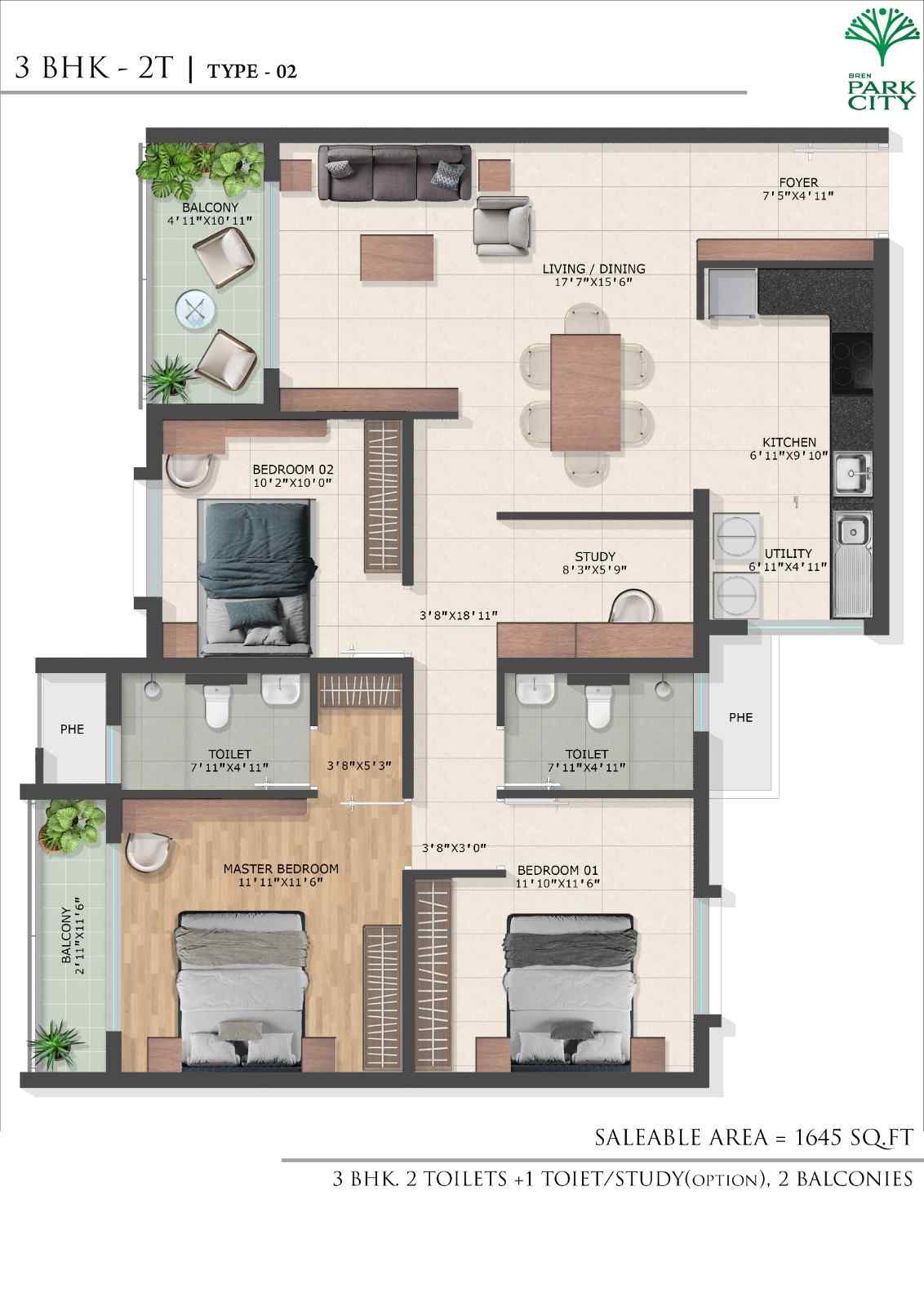 3 BHK - 1645 Sq. Ft. Floor Plan